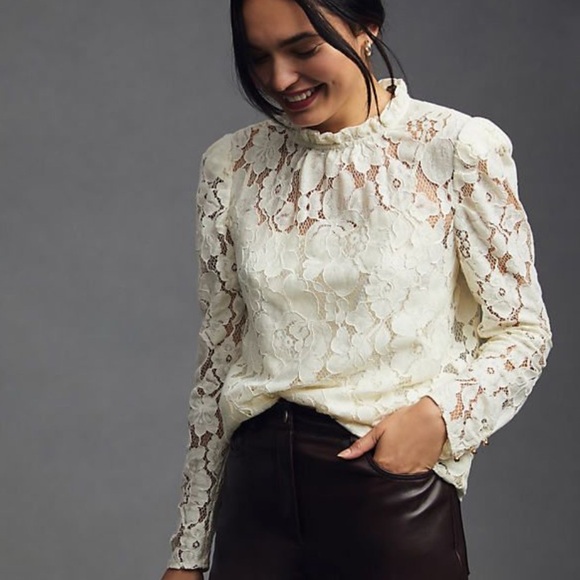 Mare Mare X Anthropologie Cream Sheer Lace Ruffle Neck Blouse Medium EUC! - Picture 1 of 10